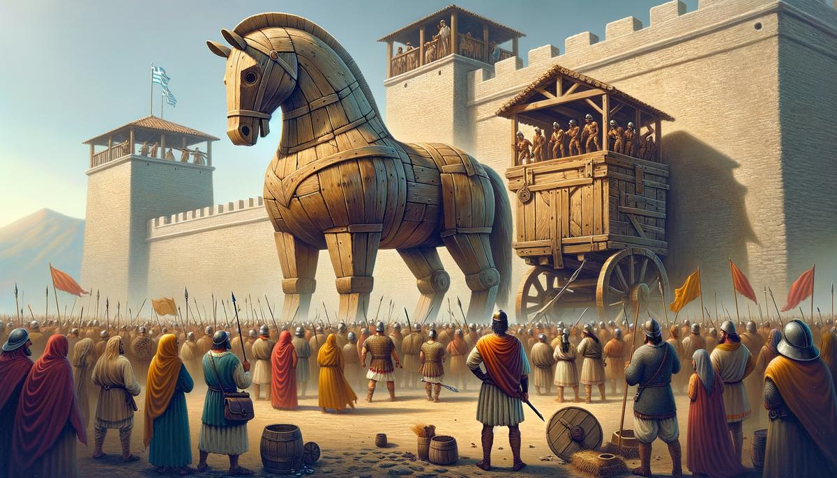 Odysseus presents the Trojan Horse to the people of Troy, a clever trick that will lead to the Greeks' victory and cement Odysseus's reputation for cunning strategy.