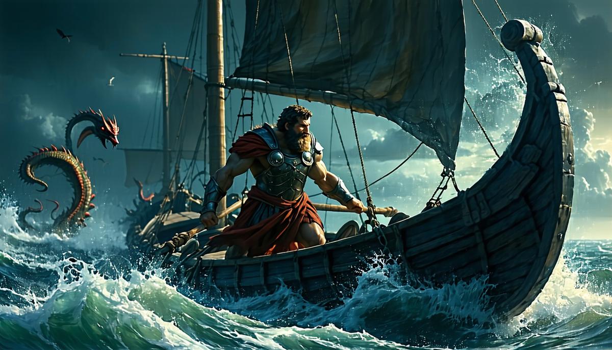 Odysseus skillfully steering his ship through treacherous, monster-filled waters