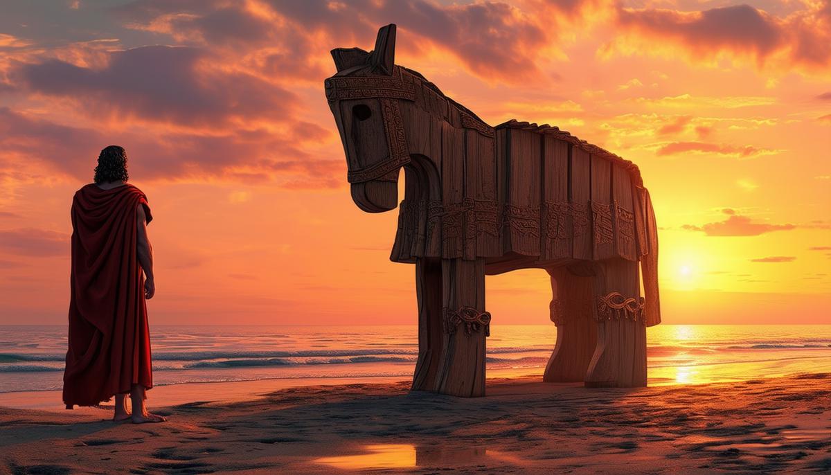 Odysseus standing proudly next to the wooden Trojan Horse on a beach at sunset