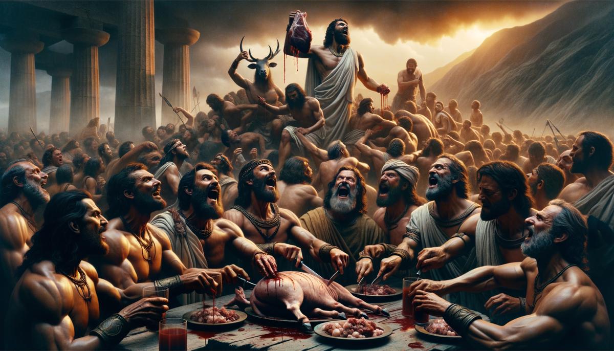 Odysseus' starving crew recklessly feasting on the meat of Helios' sacred cattle they slaughtered, unaware of the impending divine retribution