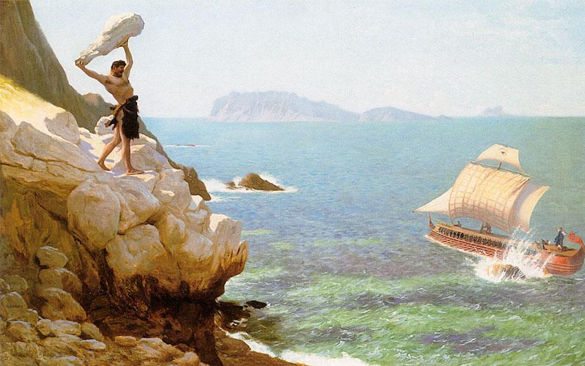 Odysseus taunting the Cyclops Polyphemus from his ship