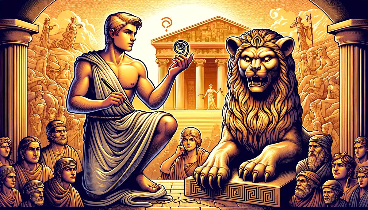 Oedipus confronting the Sphinx, solving her riddle while the city of Thebes looms in the background