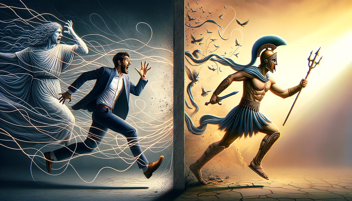 Oedipus fleeing his fate while Perseus embraces his destiny, shown in contrasting scenes