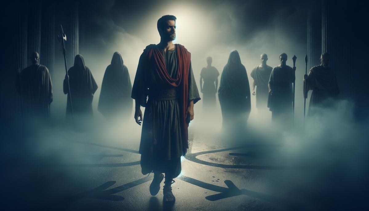 Oedipus standing at a crossroads, with shadowy figures representing his past and future looming in the background