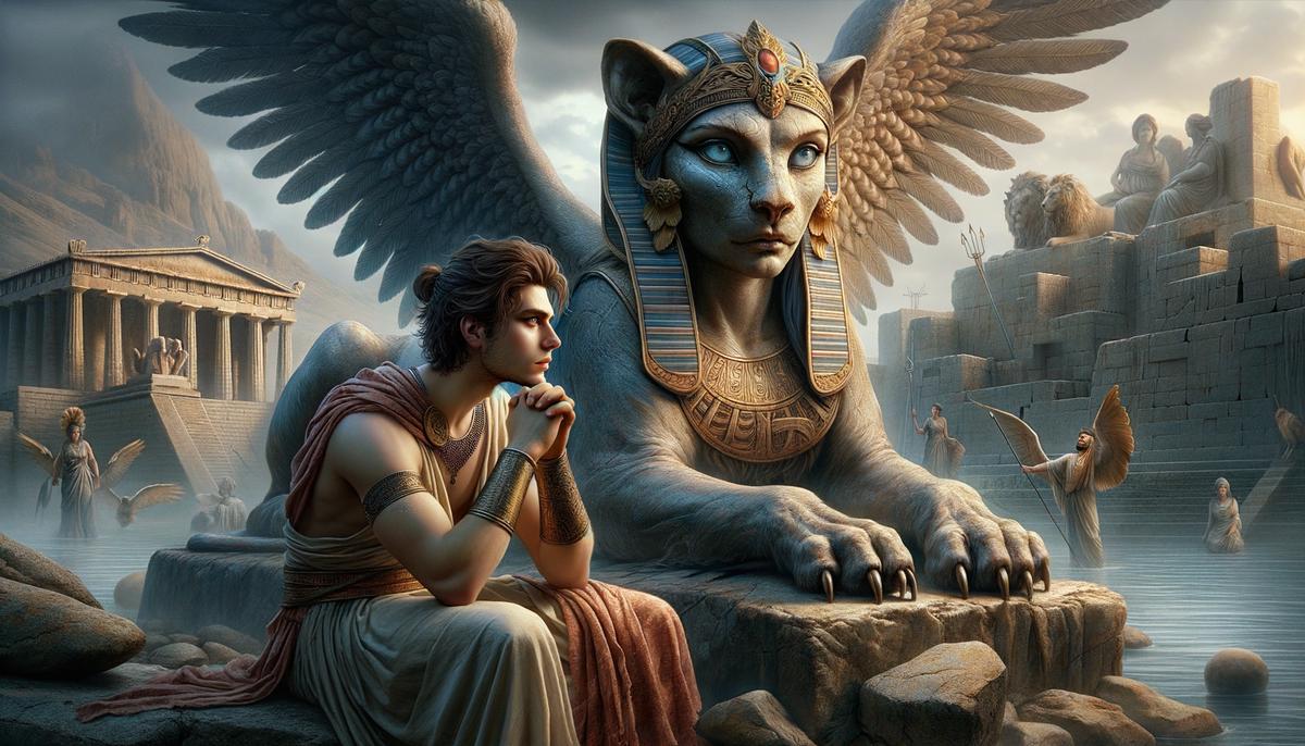 Oedipus standing before the Sphinx, a creature with the head of a woman, body of a lion, and wings of an eagle, as she poses her riddle.