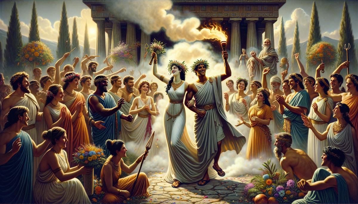 Orpheus and Eurydice's joyful wedding celebration with a smoky torch in the foreground