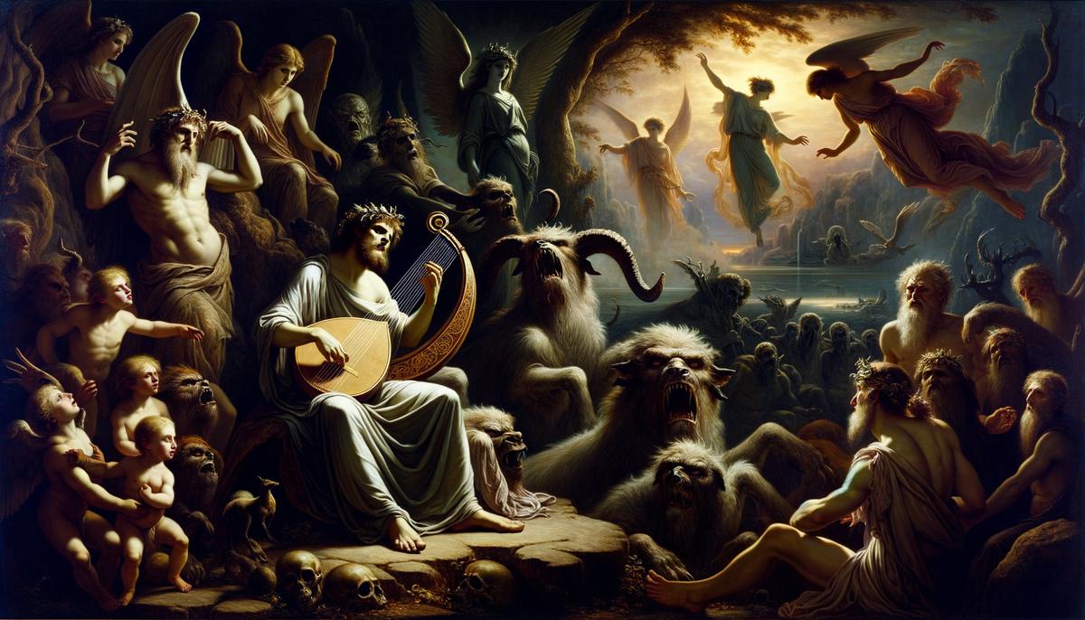 Orpheus, armed with his lyre, faces the challenges of the underworld, charming Cerberus, the Furies, and even Hades and Persephone with his music.