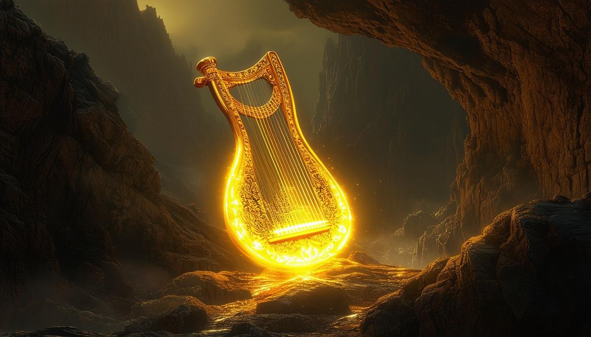 Orpheus' golden lyre glows with an otherworldly light amidst the dark, foreboding landscape of the Underworld, a symbol of art's power to bring hope and beauty even in the bleakest of places.