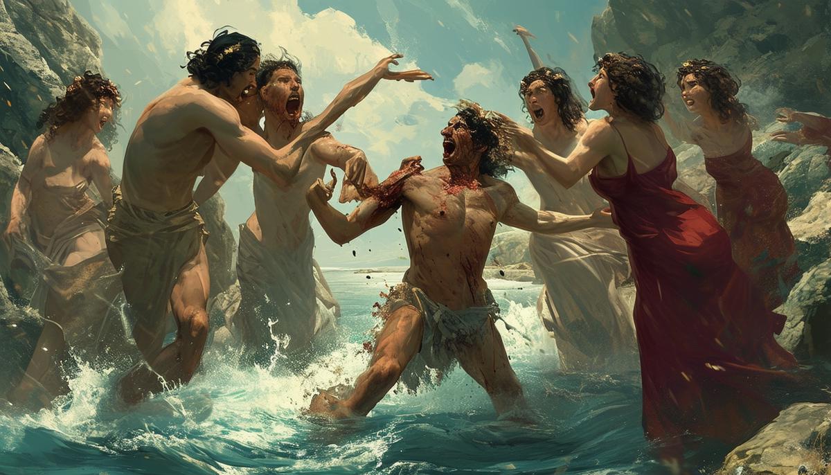 Orpheus, having rejected the advances of the Maenads, meets a tragic end as they furiously attack him, his body torn apart and his head cast into the Hebrus River.