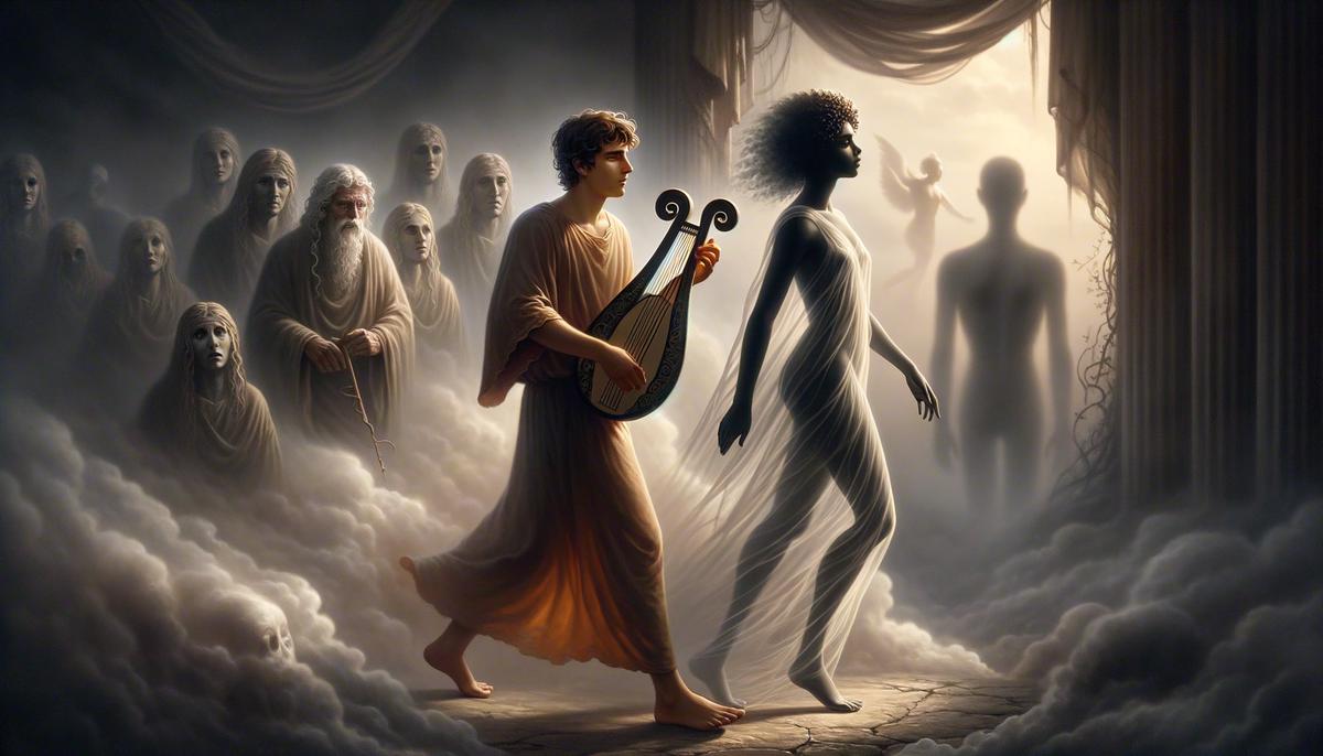 Orpheus leading Eurydice out of the Underworld, with shadowy figures in the background