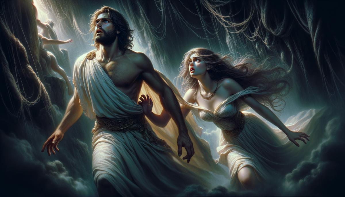 Orpheus looking back at Eurydice as she is pulled back into the underworld
