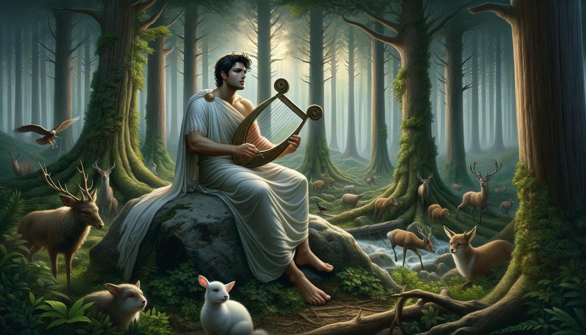 Orpheus playing a lyre, charming nature with his music