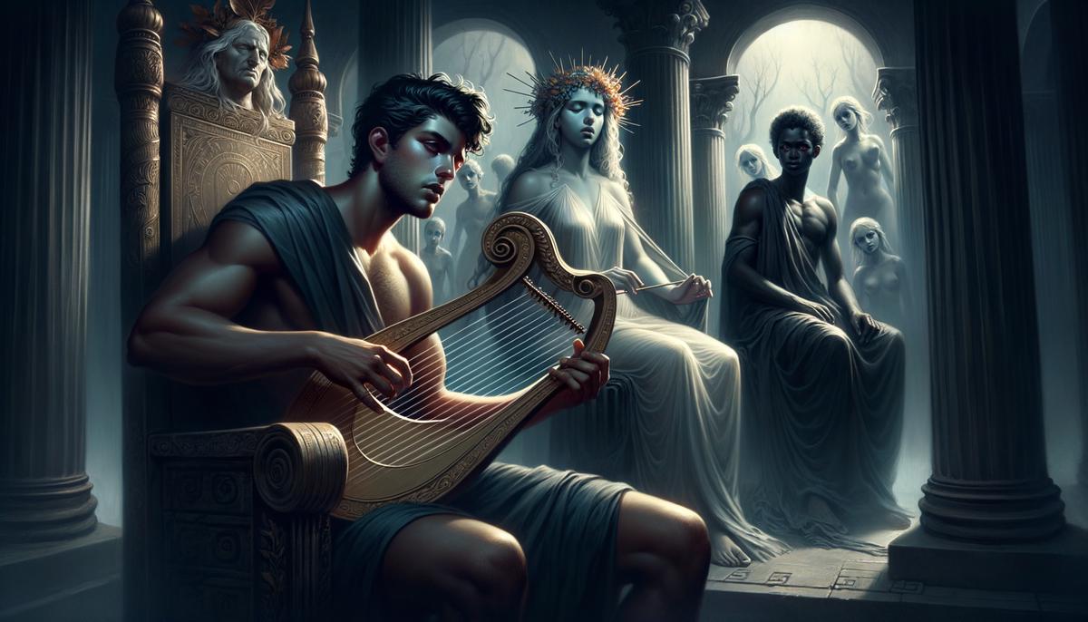 Orpheus playing his lyre to charm the rulers of the underworld, Hades and Persephone, while Eurydice stands in the shadows behind them