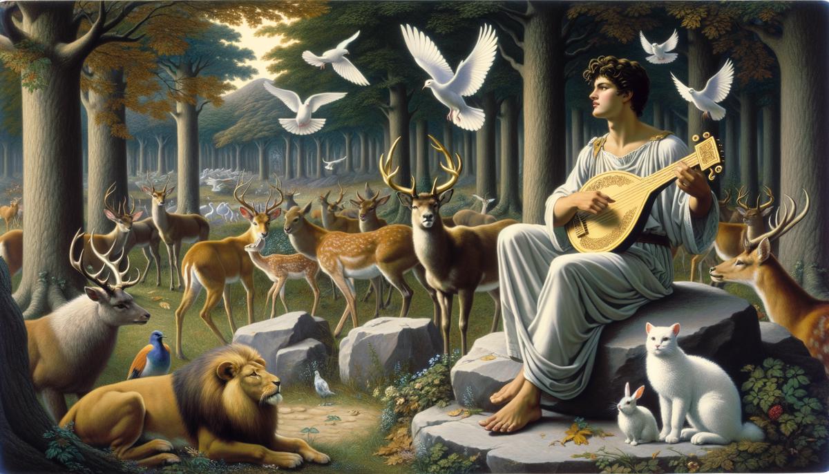 Orpheus sits in a lush forest glade, playing his lyre, as various animals, including birds, deer, and even a lion, gather peacefully around him, entranced by his divine music.