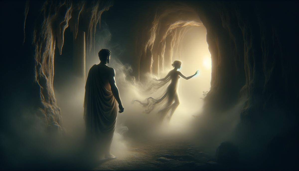 Orpheus turning to look at Eurydice as she fades away at the entrance of the Underworld