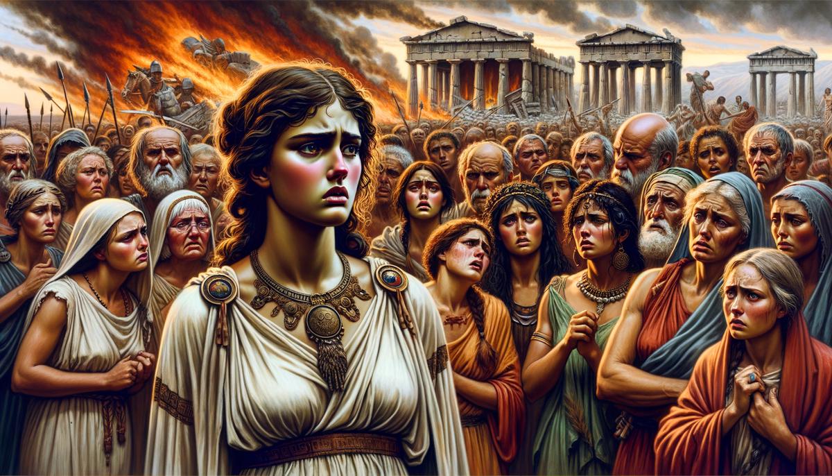 Painting depicting a scene from Euripides' play 'The Trojan Women,' focusing on Andromache's role