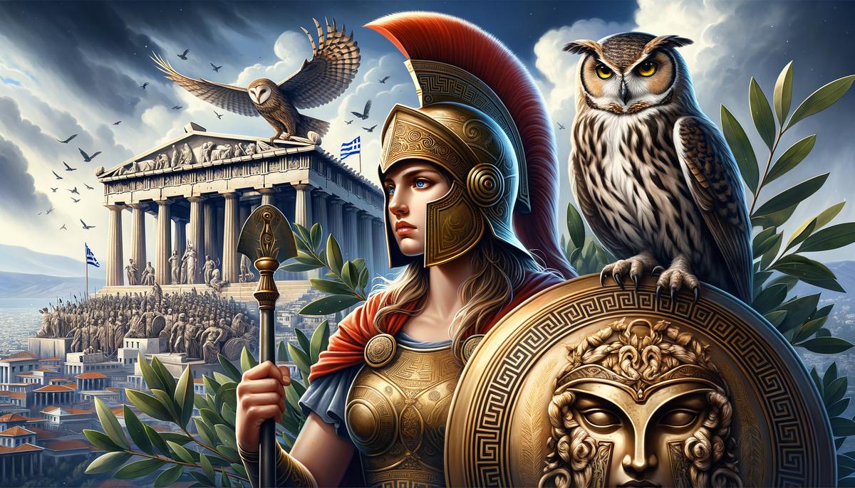 Painting of Athena, the Greek goddess of wisdom and war, in her iconic helmet and armor