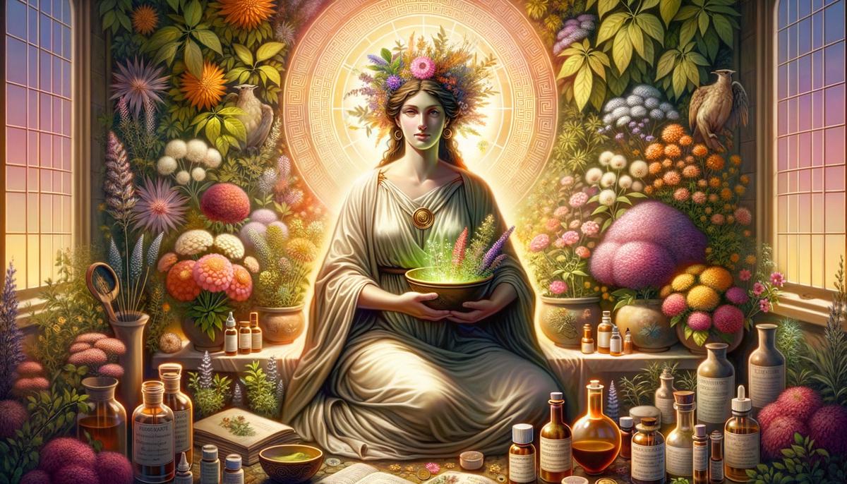 Painting of Panacea, the Greek goddess of universal healing, surrounded by medicinal plants and herbs