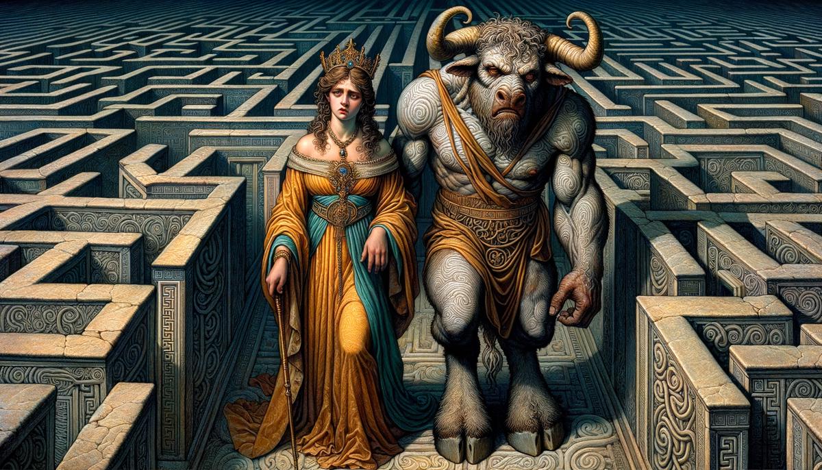 Painting of Pasiphae, the Greek mythological queen, standing next to the Minotaur in the Labyrinth