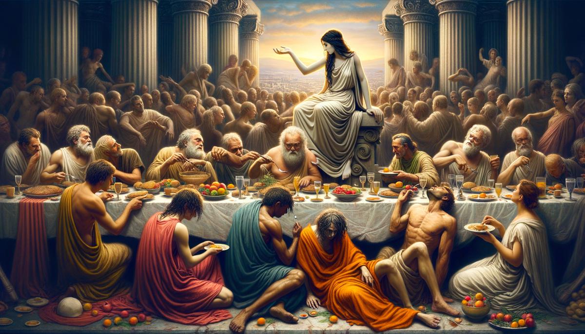Painting of Penia, the Greek goddess of poverty, humbly dressed among opulent divine wedding festivities