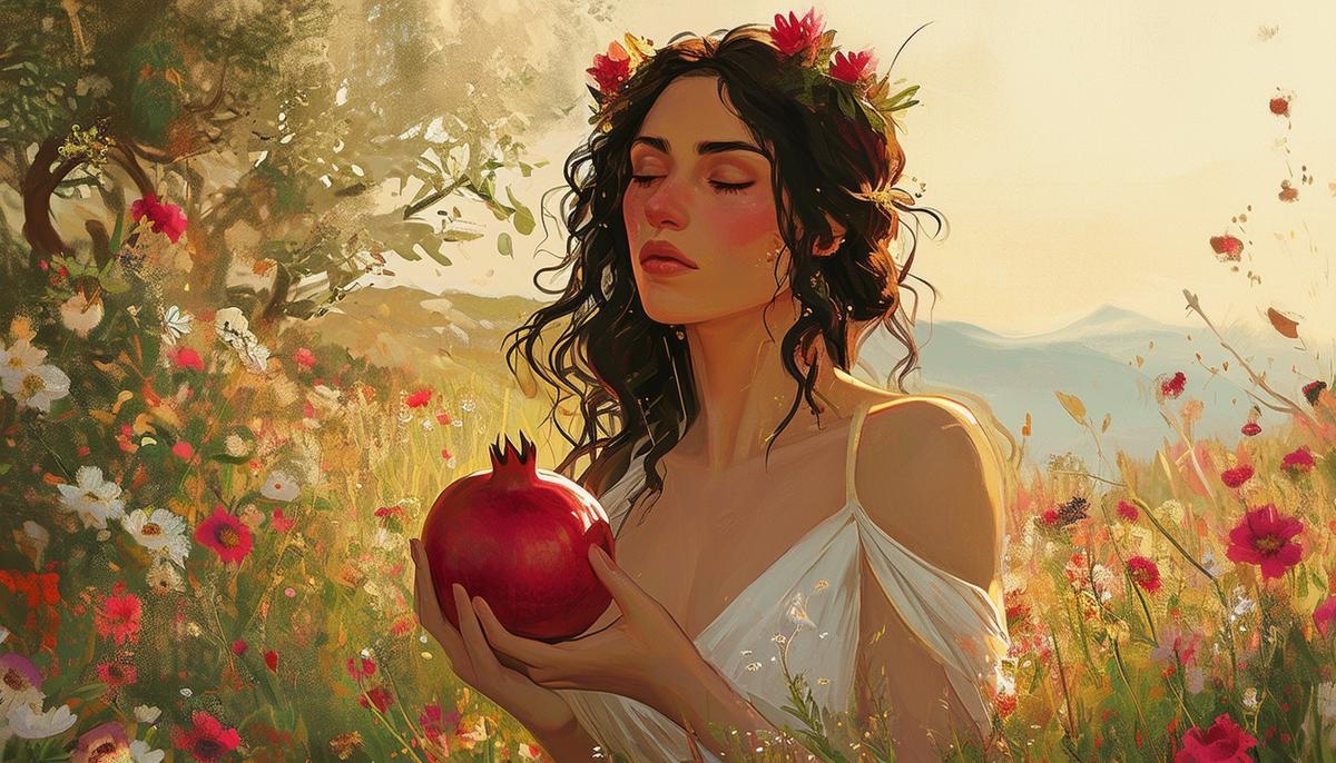 Painting of the Greek goddess Persephone in a meadow filled with flowers, holding a pomegranate