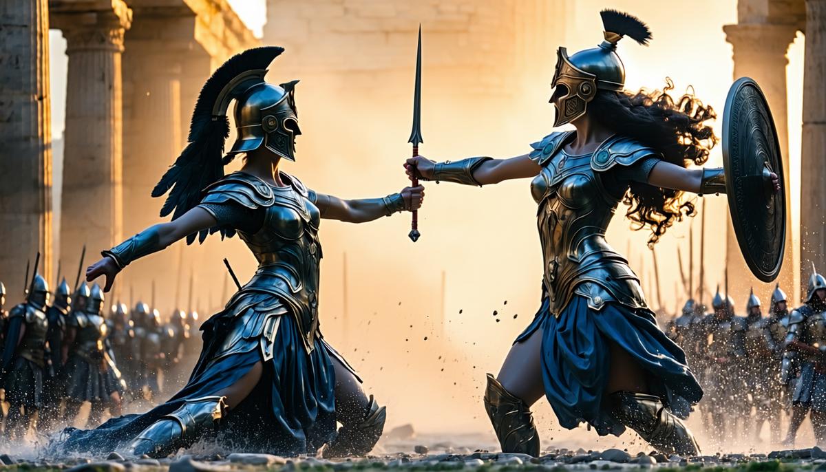 Pallas and Athena engaged in friendly combat