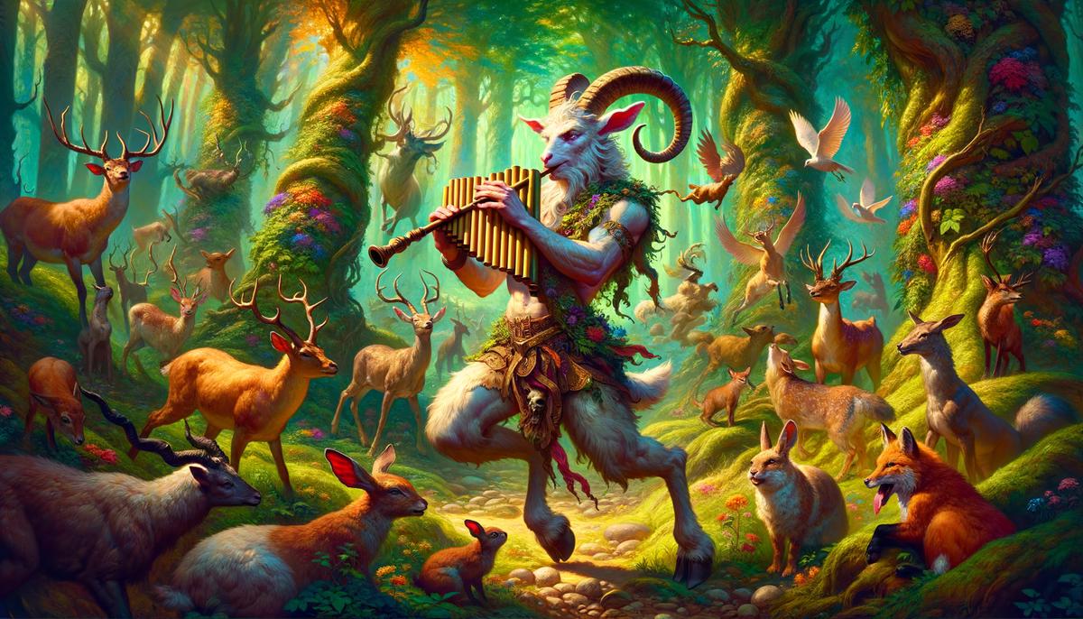 Pan, the half-man half-goat deity, playing his pan pipes in a lush forest setting, with animals and nature spirits entranced by his music