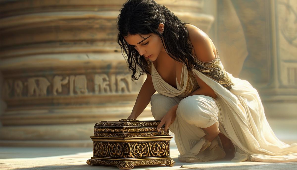 Pandora, a beautiful young woman in ancient Greek attire, kneeling beside an ornate box, her hand poised to lift the lid. Her expression is a mix of curiosity and hesitation, as she grapples with the decision to open the mysterious box given to her by Zeus.