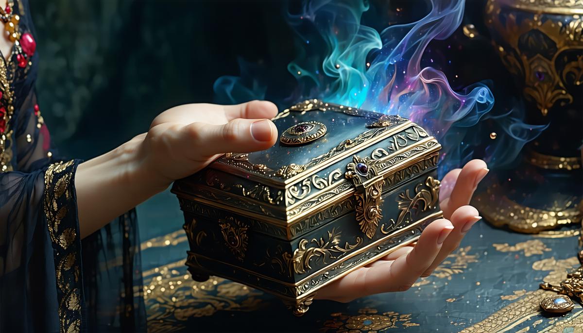 Pandora cautiously opening an ornate box, with wisps of chaos escaping