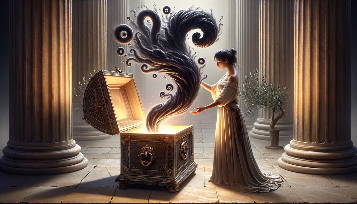 Pandora opening a ornate ancient box, with swirling dark mists and a small glowing light of hope emerging