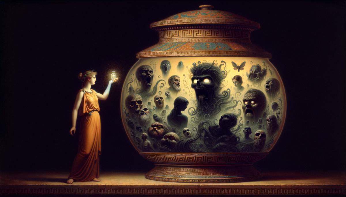 Pandora opening an ornate jar with various evils and miseries escaping, while a small glowing figure of Hope remains at the bottom