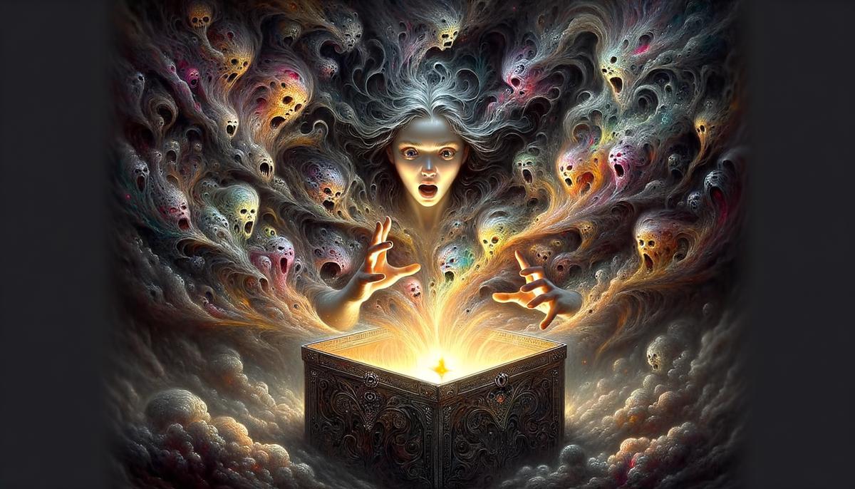 Pandora opening the mysterious box, releasing various evils into the world with hope emerging last