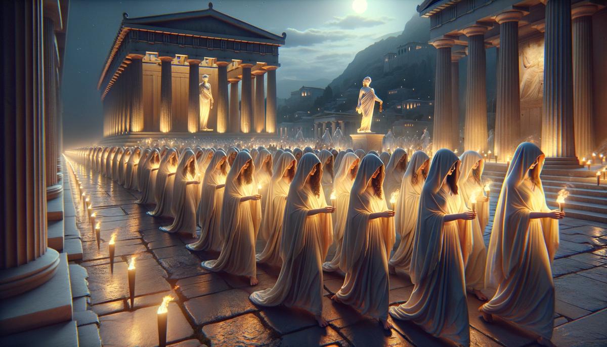 Pandrosos's influence on the annual Arrhephoria festival, where young Athenian maidens carried sacred objects in secret processions