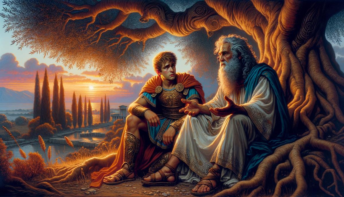 Paris and an elder shepherd discussing fate and destiny under an olive tree