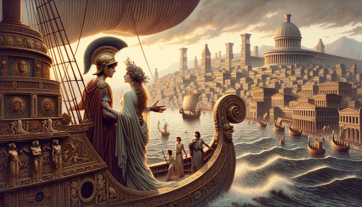 Paris and Helen eloping on a ship, with Troy visible in the distance