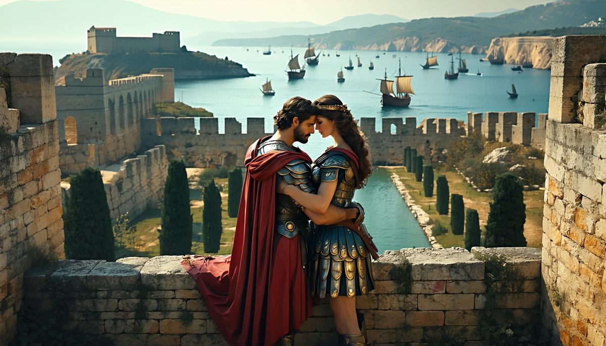 Paris and Helen embracing on the walls of Troy, with Greek ships approaching in the distance