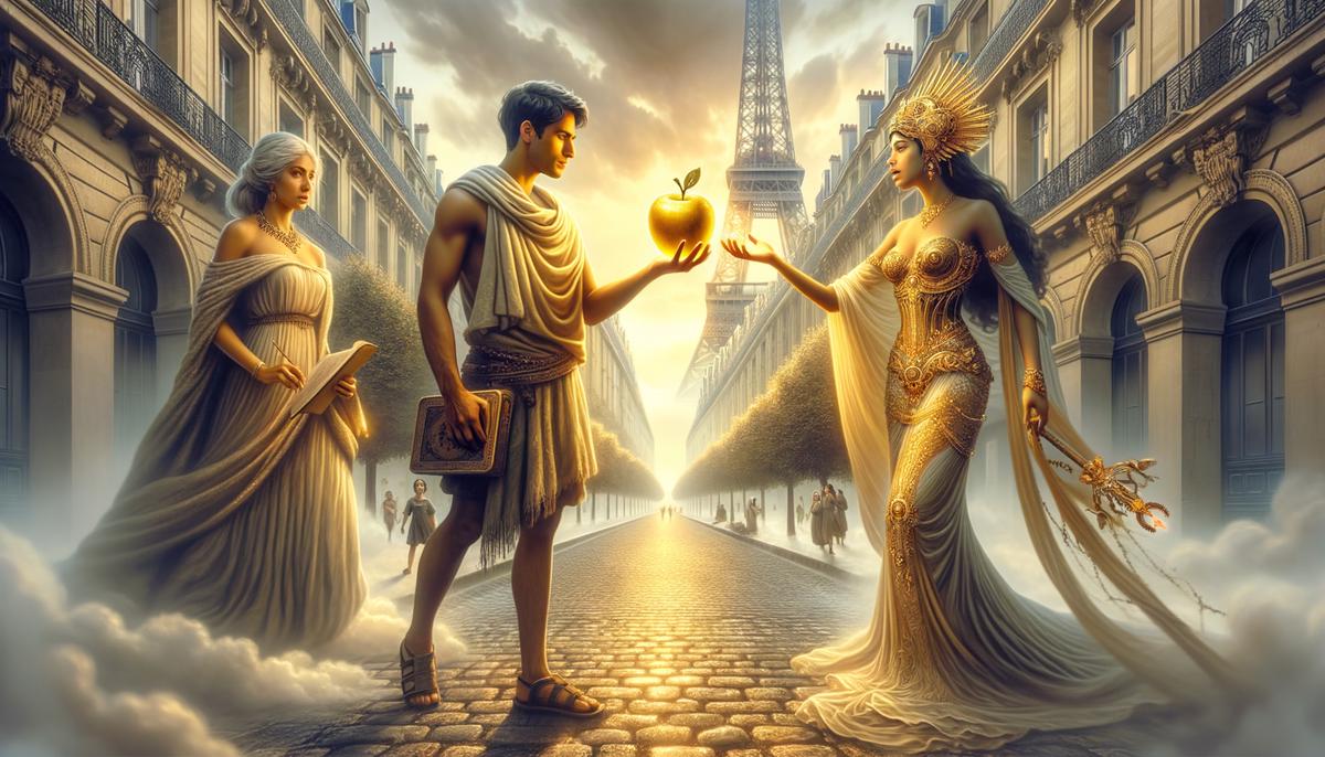 Paris hands a golden apple to Aphrodite, choosing her as the fairest over Hera and Athena