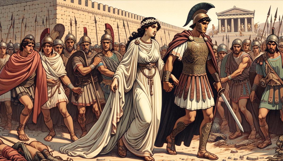 Paris leading Helen away from Sparta, with the walls of Troy in the distance