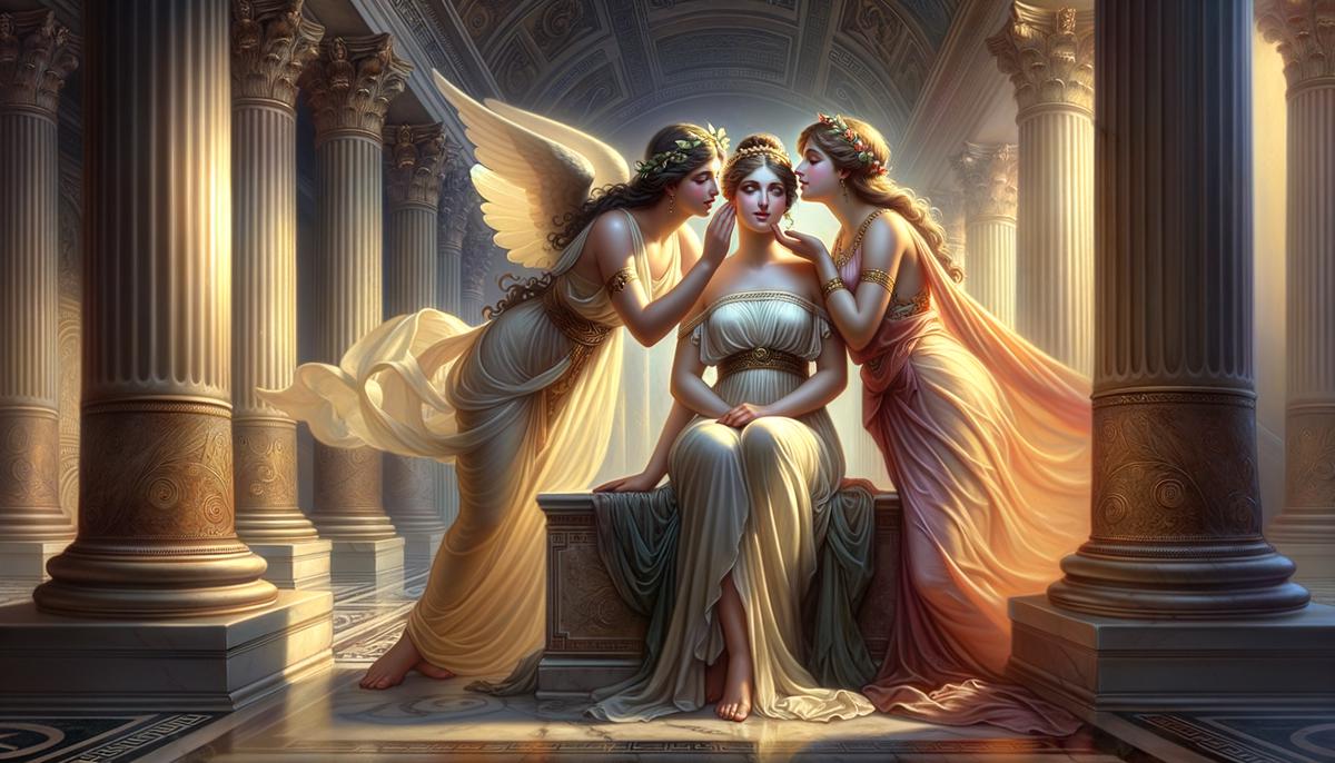 Peitho and Aphrodite working together to seduce Helen of Troy, with Peitho whispering persuasive words in Helen's ear while Aphrodite enhances her beauty and allure.