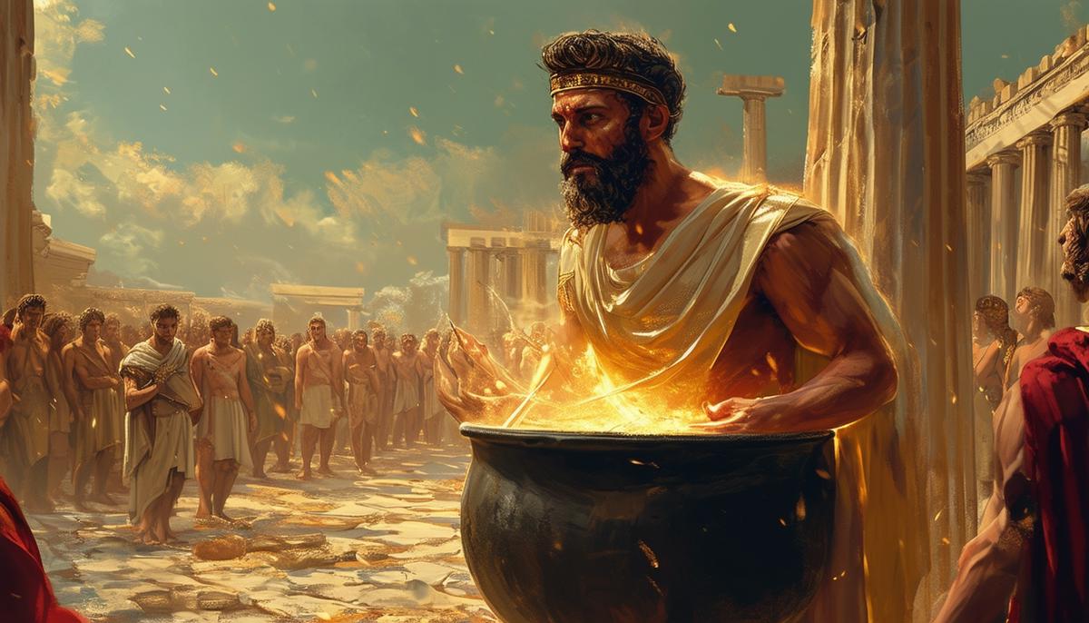 Pelops being resurrected from a cauldron by the Greek gods, with his ivory shoulder replacement visible