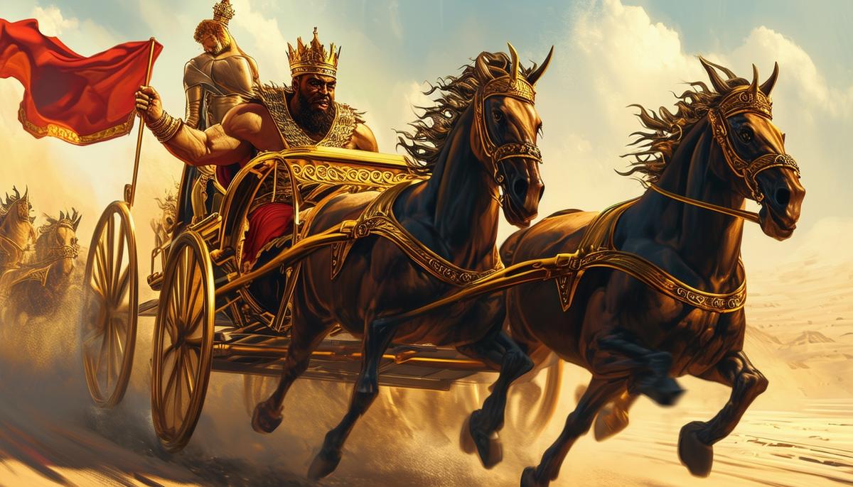 Pelops racing King Oenomaus in chariots, with Pelops in the lead in his golden chariot from Poseidon