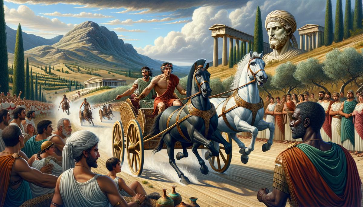 Pelops winning the chariot race against King Oenomaus