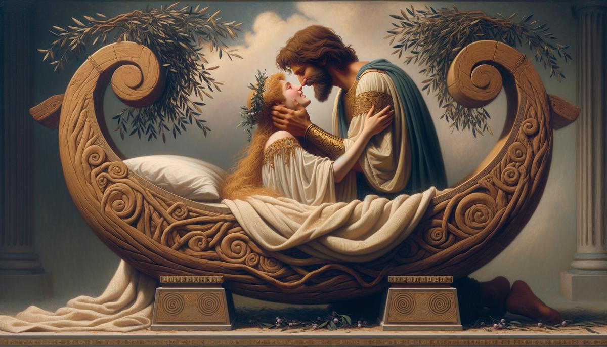 Penelope and Odysseus embrace passionately beside their famous marriage bed, which is carved from an olive tree. Their faces show relief, joy, and deep love after their long separation and Odysseus passing Penelope's clever test of his identity.