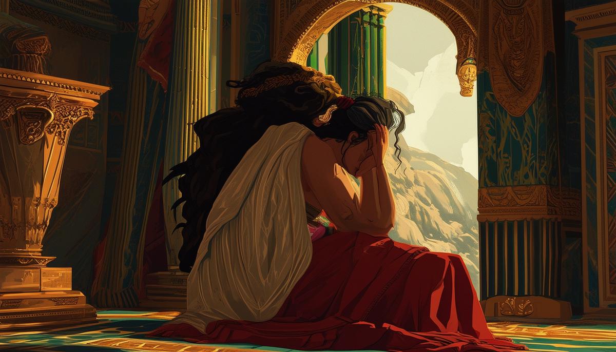 Penelope sits alone in her chambers, weeping softly. Her face is etched with sorrow and longing for Odysseus. The room around her is lavishly decorated but feels empty without her husband's presence.
