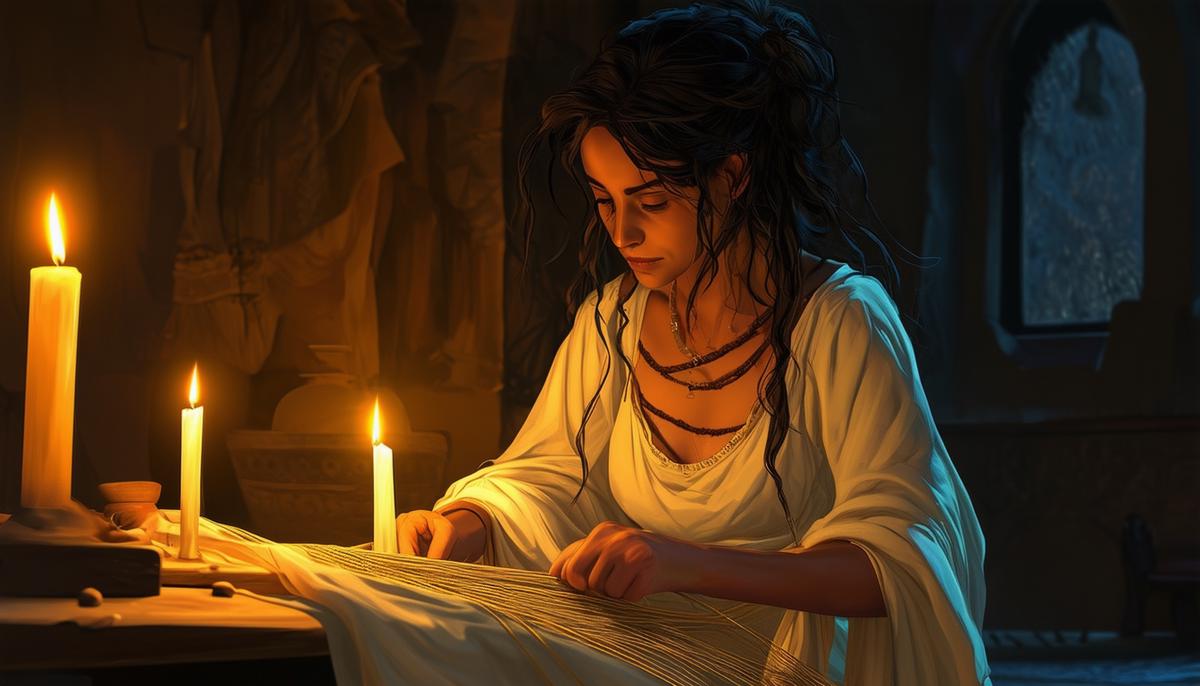 Penelope sits by candlelight at night, unraveling the burial shroud she wove during the day, a look of quiet determination on her face.