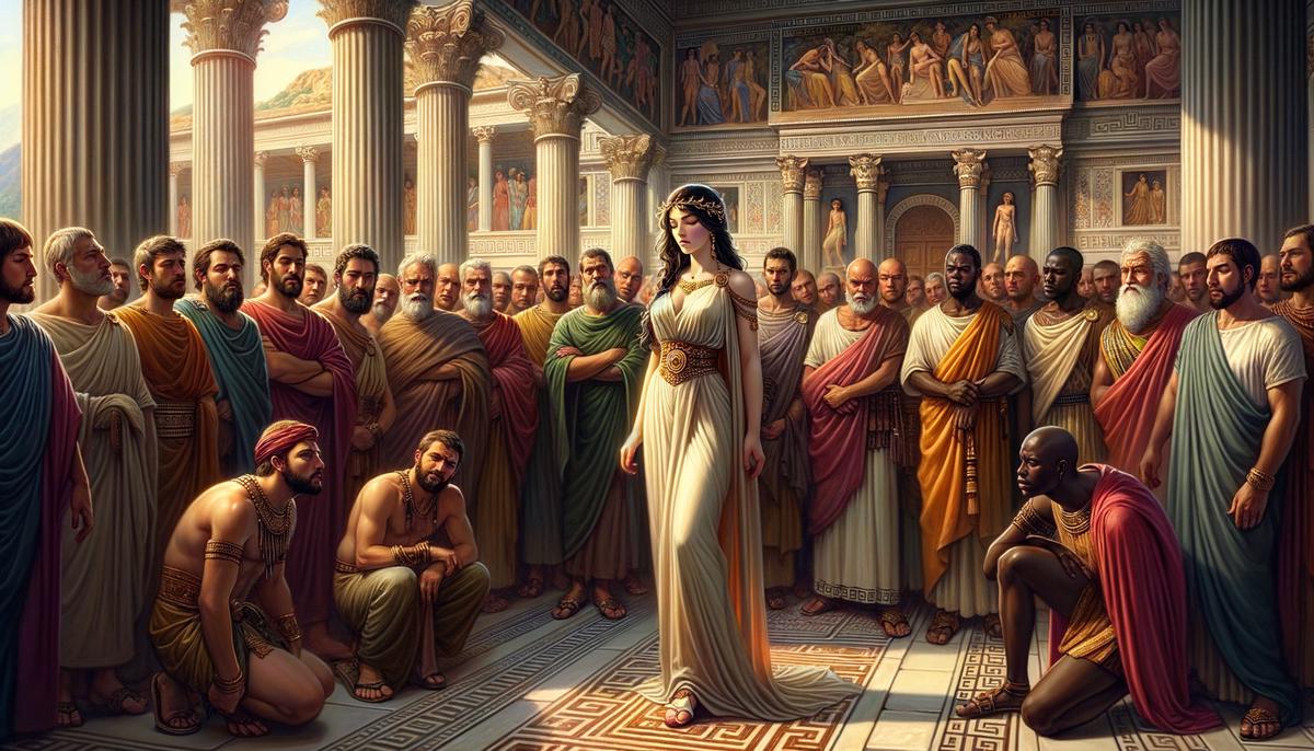 Penelope, the epitome of marital loyalty, cleverly fends off a throng of persistent suitors while waiting patiently for her husband Odysseus to return from his epic journey.