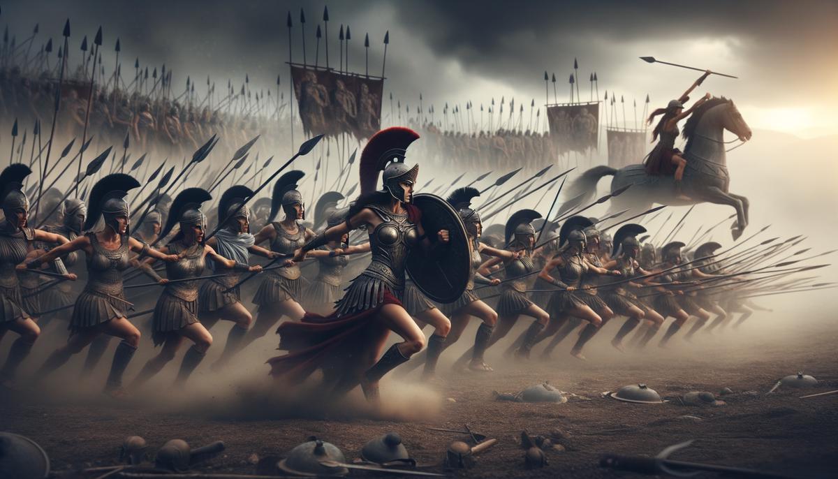 Penthesilea leading her Amazonian warriors into battle against the Greeks in the Trojan War
