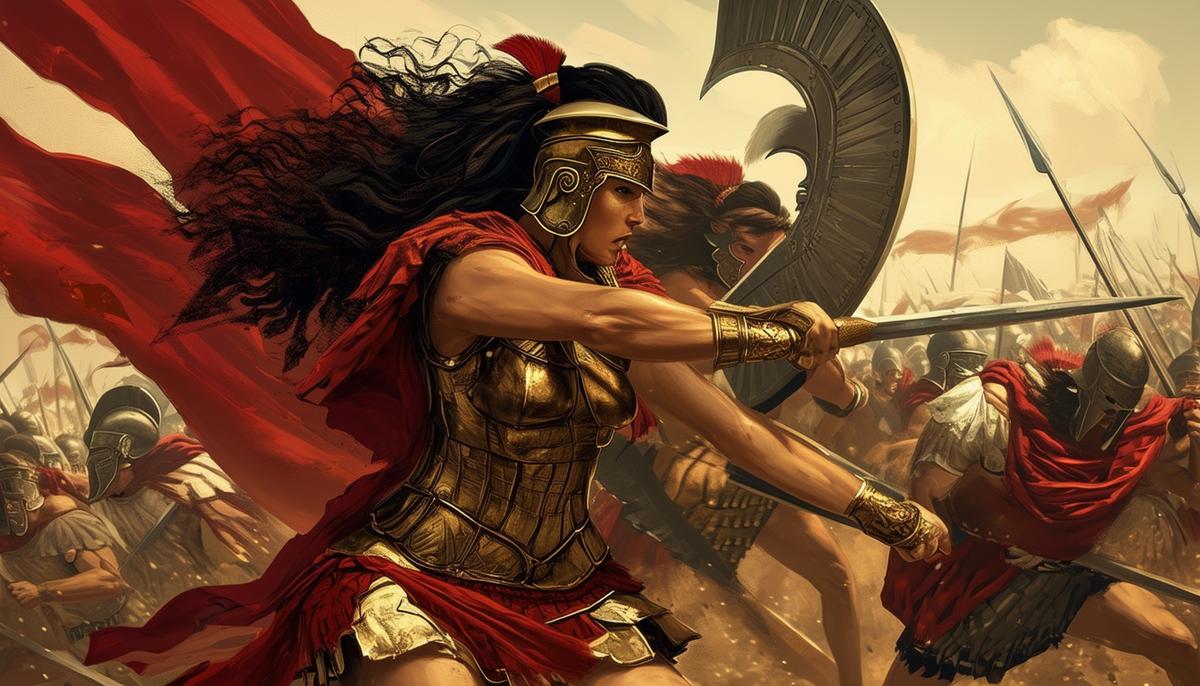 Penthesilea, Queen of the Amazons, engaged in fierce combat with Greek warriors during the Trojan War