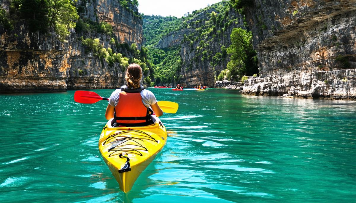 People kayaking on the crystal-clear waters of the Acheron River, surrounded by lush greenery and dramatic gorge walls