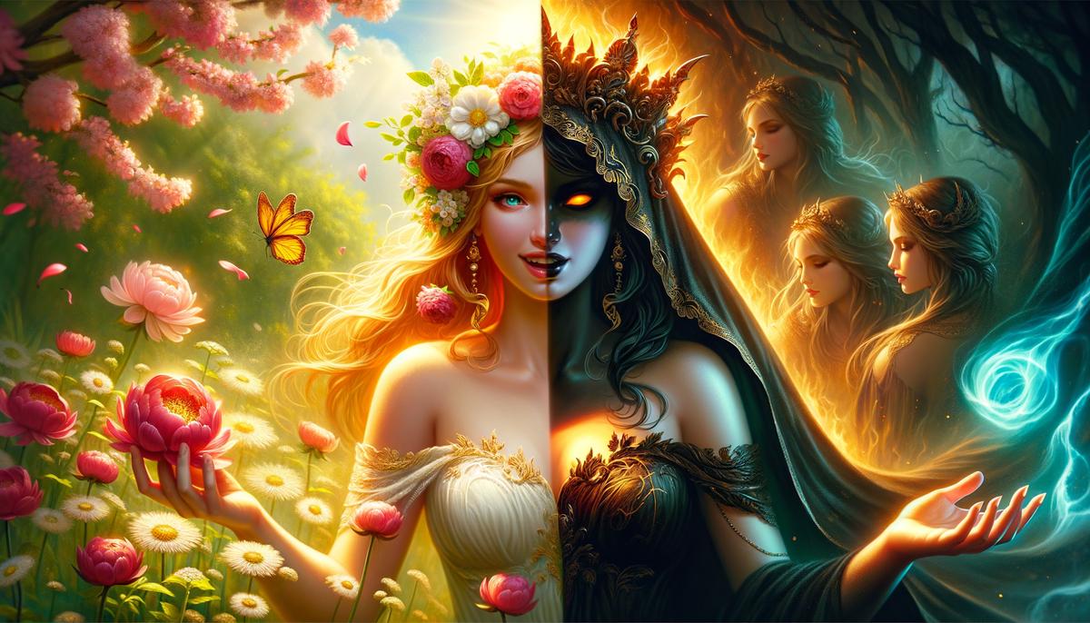 Persephone depicted as both a youthful spring goddess and a regal queen of the underworld